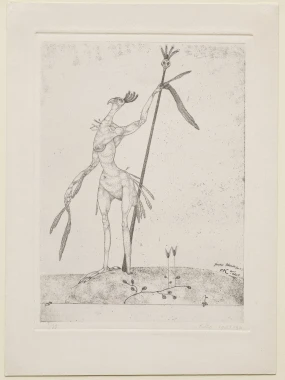 Aged Phoenix reproduction - Invention 9 by Paul Klee. Graphic design featuring a long-limbed figure holding a stick.