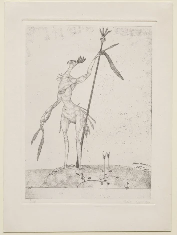 Aged Phoenix reproduction - Invention 9 by Paul Klee. Graphic design featuring a long-limbed figure holding a stick.