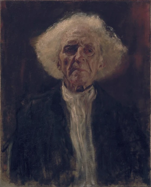 Gustav Klimt\'s Blind Man reproduction. A man with light hair on a dark background.