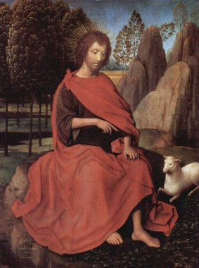 Diptych reproduction featuring John the Baptist and St. Veronica by Hans Memling - Graphic design. Sitting figure.