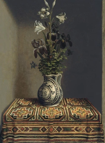 Reproduction of Flowers in a Jug by Hans Memling, styled in an interior with a wooden table and colorful tablecloth.