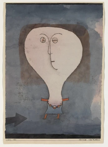 Reproduction of Fright of a Girl by Paul Klee - Graphic design featuring a figure with a large head, simple body, and round eyes.