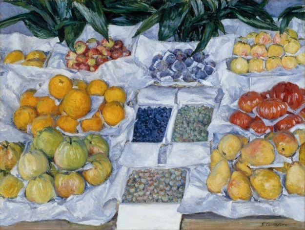 Reproduction of Fruit Displayed on a Stand by Gustave Caillebotte - Graphic design with fruits in various shapes on a white background.