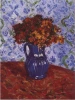 Giroflees reproduction by Gustave Caillebotte - Graphic design. Flowers in a vase against a blue wall with green accents.