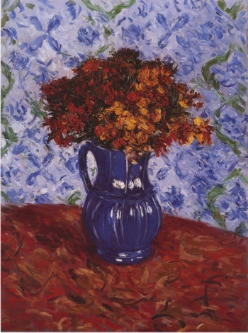 Giroflees reproduction by Gustave Caillebotte - Graphic design. Flowers in a vase against a blue wall with green accents.