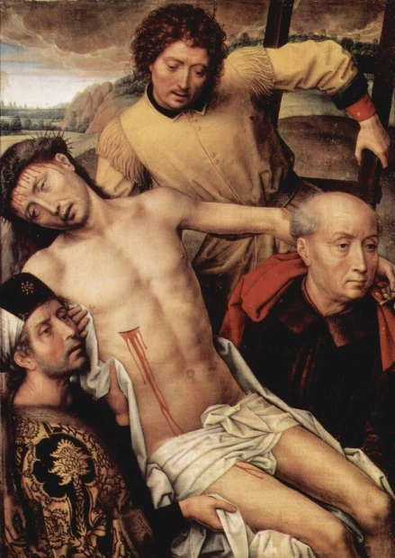 Reproduction of Granada-Diptych by Hans Memling. Four figures in various poses with detailed facial features.