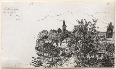 Reproduction of Hilterfingen by Paul Klee - Graphic pattern depicting a village with a church, houses, and mountains in the background.