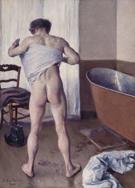 Reproduction of Man at His Bath by Gustave Caillebotte - Bathroom decor with light-colored walls, visible bathtub and chair.