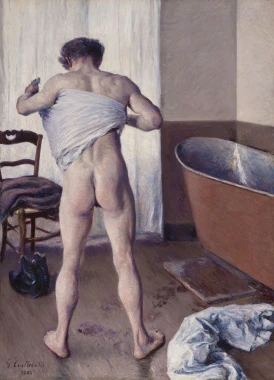 Reproduction of Man at His Bath by Gustave Caillebotte - Bathroom decor with light-colored walls, visible bathtub and chair.