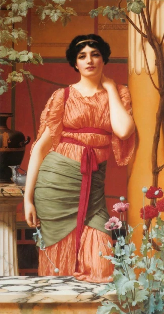 Reproduction of Nerissa by William Godward. A woman in a pink dress stands in a garden surrounded by greenery.