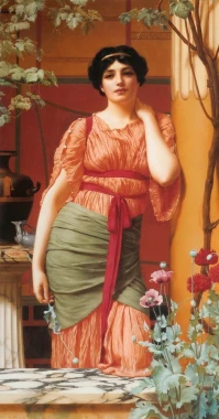 Reproduction of Nerissa by William Godward. A woman in a pink dress stands in a garden surrounded by greenery.