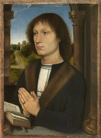 Portinari Triptych reproduction by Hans Memling. Man with long hair in historical attire, praying.