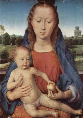 Portinari Triptych reproduction, central panel Madonna by Hans Memling - graphic design. Madonna holding a child.