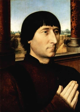 Reproduction of Portrait of Willem Moreel by Hans Memling. Man with long hair in dark clothing.