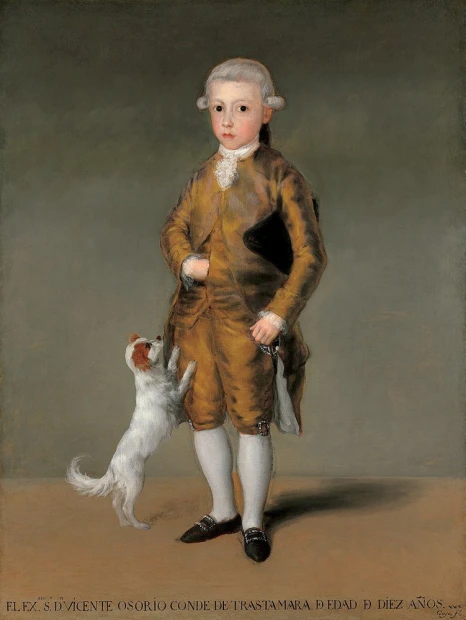 Reproduction of Vicente Osorio de Moscoso\'s portrait by Francisco Goya. Boy in a brown outfit with a dog.