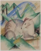 Red Deer reproduction by Franz Marc - Graphic design featuring a deer surrounded by stylized geometric shapes.