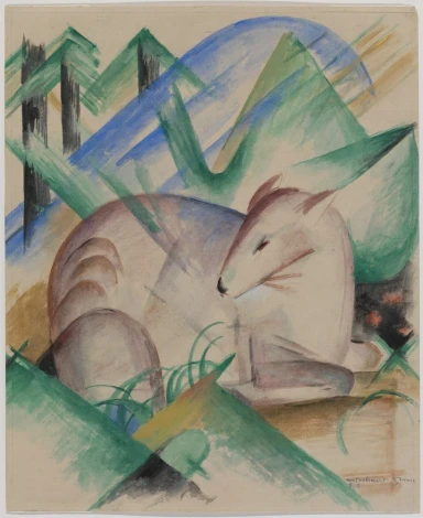 Red Deer reproduction by Franz Marc - Graphic design featuring a deer surrounded by stylized geometric shapes.