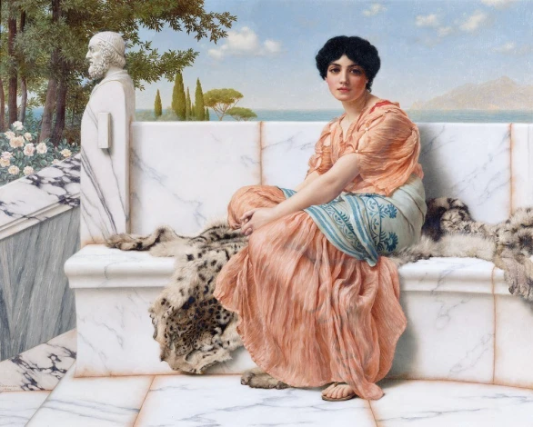 Reproduction of Reverie (In the Days of Sappho) by William Godward. Woman in a pink dress sitting.
