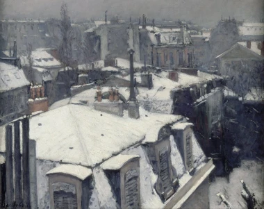 Rooftops in the Snow by Gustave Caillebotte - Graphic print of snow-covered rooftops with chimneys.