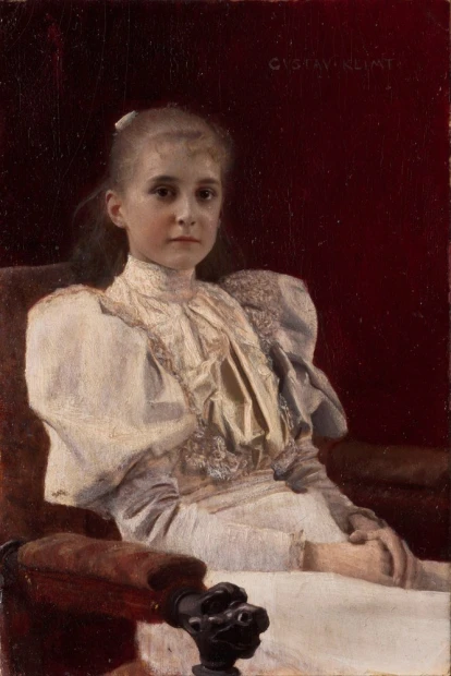 Reproduction of Seated Young Girl by Gustav Klimt - Graphic design. A young girl in a white dress sits on a chair.