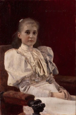 Reproduction of Seated Young Girl by Gustav Klimt - Graphic design. A young girl in a white dress sits on a chair.