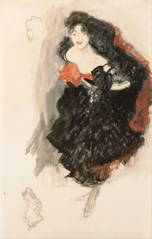 Reproduction of Study for Judith II by Gustav Klimt - Graphic design featuring a woman in a black dress with red accents.