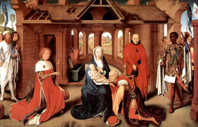 Reproduction of The Adoration of the Magi by Hans Memling - Graphic design featuring figures adoring the Baby Jesus.