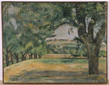 Reproduction of The Neighborhood of Jas de Bouffan by Paul Cezanne - Living room setup with light walls and wooden furniture.