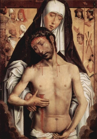 Reproduction of The Virgin Showing the Man of Sorrows by Hans Memling - Graphic design featuring Mary and Jesus.