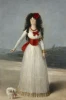 Reproduction of The White Duchess by Francisco Goya. Figure in a white dress with red accents, dog at her feet.