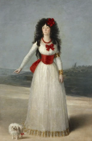 Reproduction of The White Duchess by Francisco Goya. Figure in a white dress with red accents, dog at her feet.