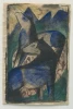 Reproduction of Two Blue Horses by Franz Marc - Graphic design featuring two blue horses against green mountains and the moon.