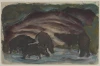 Reproduction of Wild Boars in the Water by Franz Marc. Dark silhouettes of boars in water against wavy shapes.