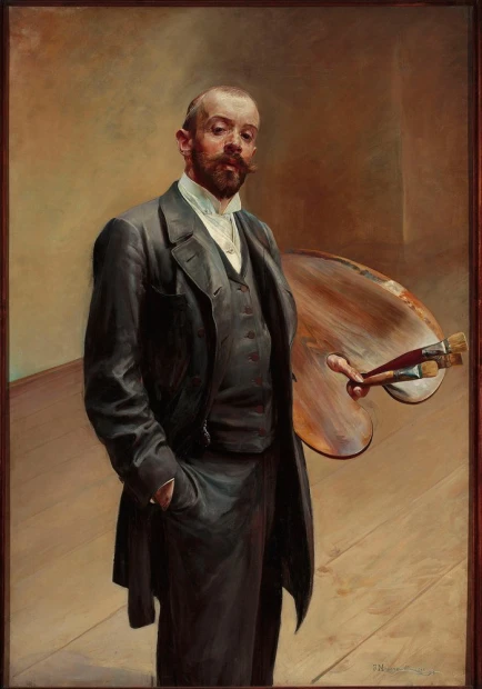 Self-portrait with palette by Jacek Malczewski - Graphic design. Man in elegant attire holding a painter\'s palette.