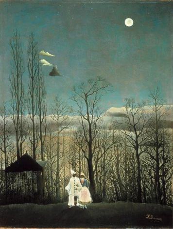 Carnival Evening reproduction by Henri Rousseau - Graphic design featuring two figures in bright outfits against trees and night sky.