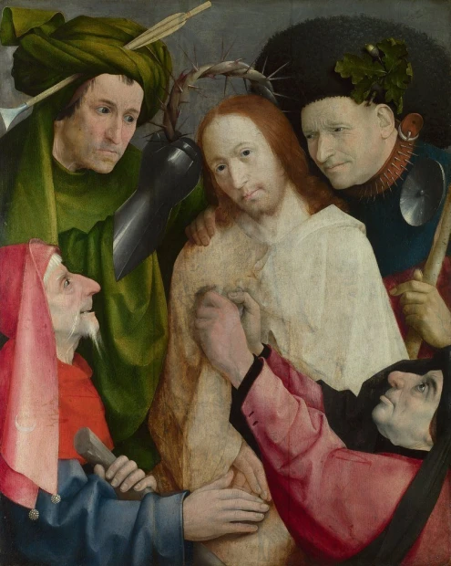 Reproduction of Christ Crowned with Thorns by Hieronymus Bosch - Graphic design featuring figures in various outfits and expressive faces.