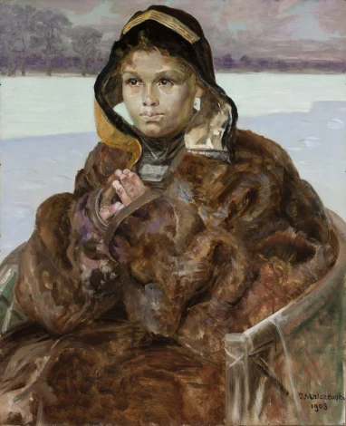 Reproduction of Ellenai by Jacek Malczewski. Girl in fur with hands on knees against a background.