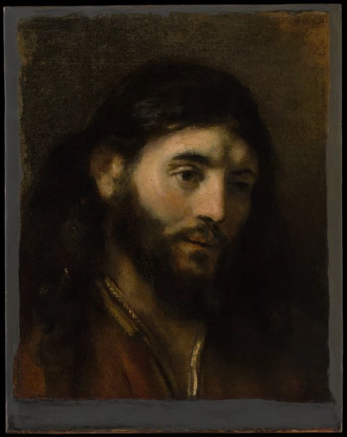 Reproduction of Head of Christ by Rembrandt - Graphic design featuring a man with long hair and a beard.
