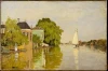 Reproduction of Houses on the Achterzaa by Claude Monet. The artwork features houses by the water, a sailboat, and trees.
