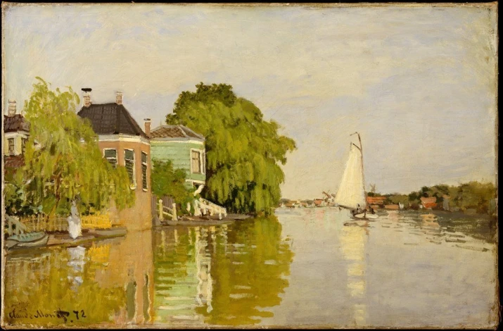 Reproduction of Houses on the Achterzaa by Claude Monet. The artwork features houses by the water, a sailboat, and trees.