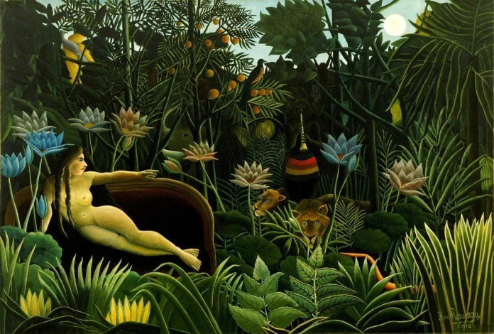 Reproduction of Il sogno by Henri Rousseau. A woman reclines on a sofa in a lush garden filled with greenery.
