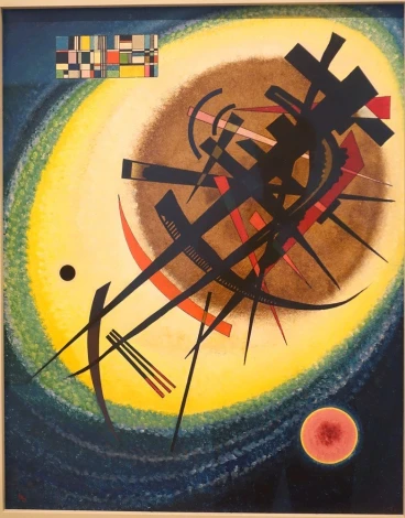 Reproduction of In the Bright Oval by Wassily Kandinsky - Graphic design with dynamic lines and circles.