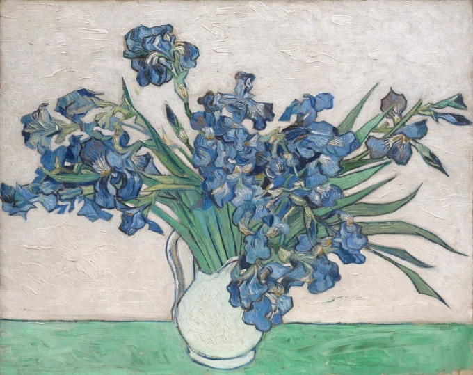 Reproduction of Irises, 1890, by Vincent van Gogh - Graphic design featuring irises in a vase on a light background.