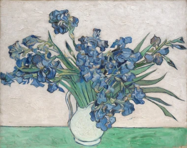 Reproduction of Irises, 1890, by Vincent van Gogh - Graphic design featuring irises in a vase on a light background.