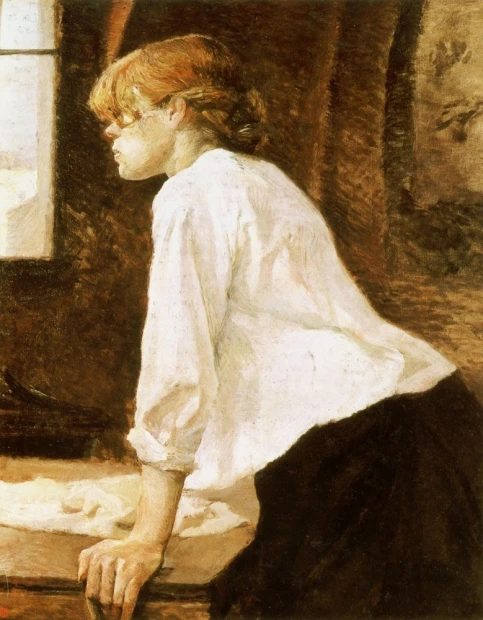 Reproduction of La Blanchisseuse by Henri de Toulouse-Lautrec - Living room arrangement with warm brown walls.