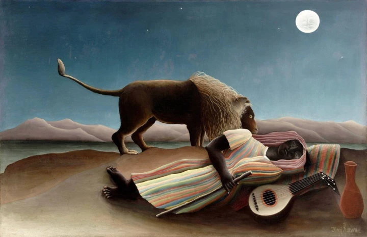Reproduction of La zingara addormentata by Henri Rousseau. A woman in a colorful dress lies beside a lion in the background.