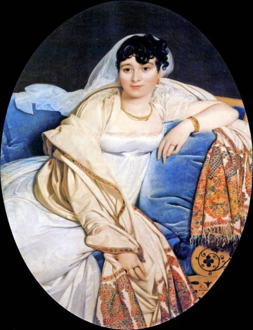Reproduction of Madame Riviere by Jean Auguste Dominique Ingres - Graphic design. Woman in a white dress sitting on blue.