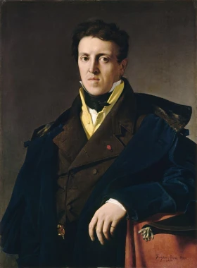 Reproduction of Marcotte d\'Argenteuil by Jean Auguste Dominique Ingres - Graphic design. Man in elegant attire with hand.