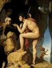 Reproduction of Oedipus and the Sphinx by Jean Auguste Dominique Ingres. Oedipus stands on rocks.
