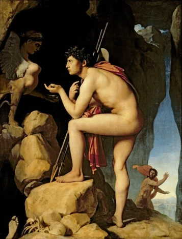 Reproduction of Oedipus and the Sphinx by Jean Auguste Dominique Ingres. Oedipus stands on rocks.